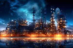 Double exposure of petrochemical industrial plant on black background. 3D rendering Ai Generated photo