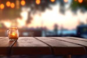 Empty wooden table and blurred background with bokeh, product display montage photo
