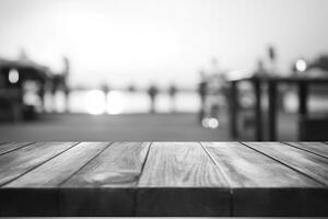 Wooden table with bokeh lights on background. Black and white Ai Generated photo