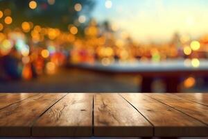Empty wooden table and blurred background with bokeh, product display montage photo