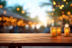 Empty wooden table and blurred background with bokeh, product display montage photo
