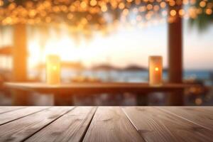 Empty wooden table and blurred background with bokeh, product display montage photo