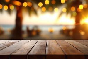Empty wooden table and blurred background with bokeh, product display montage photo