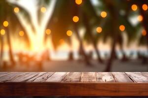 Empty wooden table and blurred background with bokeh, product display montage photo