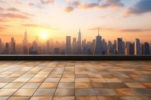 empty brick floor with cityscape and skyline of shanghai at sunset photo