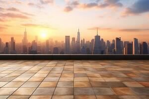 vacío ladrillo piso con paisaje urbano y horizonte de llevar a la fuerza a puesta de sol ai generado foto