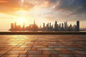 empty brick floor with cityscape and skyline of shanghai at sunset Ai Generated photo