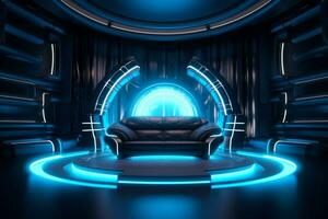 Modern interior futuristic living room night view with neon lights Ai Generated photo