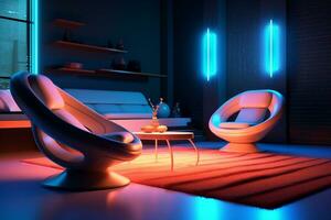 Modern interior futuristic living room night view with neon lights Ai Generated photo