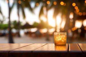 Empty wooden table and blurred background with bokeh, product display montage photo