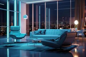 Modern interior futuristic living room night view with neon lights Ai Generated photo