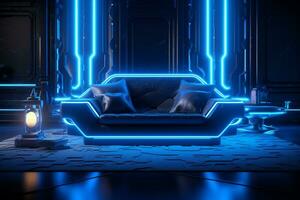 Modern interior futuristic living room night view with neon lights Ai Generated photo