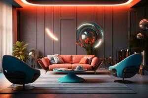 Modern interior futuristic living room night view with neon lights Ai Generated photo