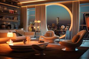 Modern interior futuristic living room night view with neon lights Ai Generated photo