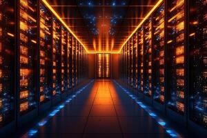 server room data center corridor with glowing lights 3d illustration background photo