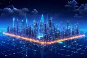 Futuristic city with glowing lights on dark background. 3d rendering Ai Generated photo