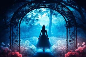 Young woman in white dress standing in the dark mysterious forest. Fairy tale concept Ai Generated photo