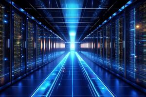 server room data center corridor with glowing lights 3d illustration background photo