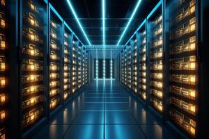 server room data center corridor with glowing lights 3d illustration background photo