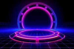3D abstract background with neon lights. neon tunnel. space construction. 3d illustration photo