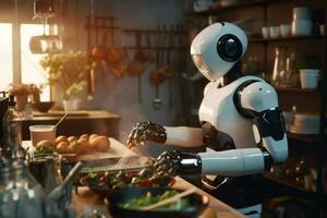 3d rendering humanoid robot cooking vegetable salad in kitchen at home. Ai Generated photo