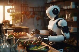 3d rendering humanoid robot cooking vegetable salad in kitchen at home. Ai Generated photo