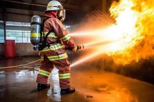 Firefighter and fire extinguisher in action. Firefighter fighting fire. photo