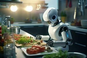 3d rendering humanoid robot cooking vegetable salad in kitchen at home. Ai Generated photo