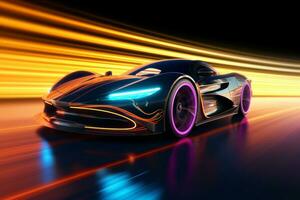 Futuristic sports car on the road at night. 3d rendering Ai Generated photo