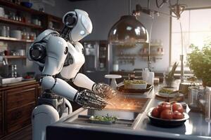 3d rendering humanoid robot cooking vegetable salad in kitchen at home. photo