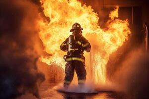 Firefighter and fire extinguisher in action. Firefighter fighting fire. photo