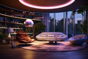 Modern and futuristic apartment interior house room and furniture with lights effects Ai Generated photo