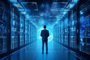 Back view of businessman standing in server room with binary code concept. 3D Rendering photo