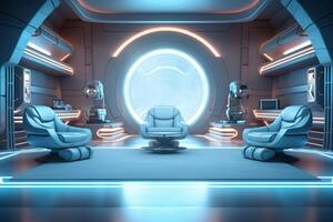 Modern and futuristic apartment interior house room and furniture with lights effects photo