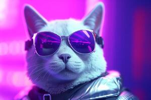 Portrait of white cat with purple sunglasses in neon light. Toned. Ai Generated photo