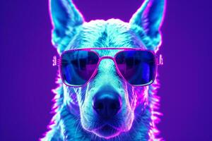 retrato de un blanco perro con azul Gafas de sol en un púrpura antecedentes ai generado foto