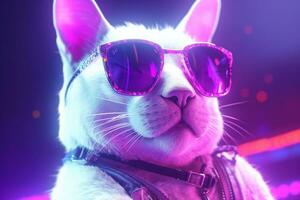 Portrait of white cat with purple sunglasses in neon light. Toned. Ai Generated photo