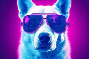 retrato de un blanco perro con azul Gafas de sol en un púrpura antecedentes ai generado foto