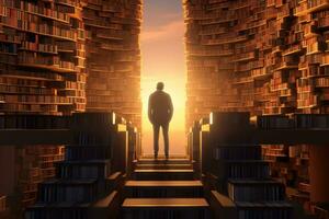 Man standing on top of books and looking at sunset. Vector illustration photo