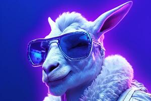 Portrait of a white goat wearing sunglasses on a neon lights purple background. Ai Generated photo