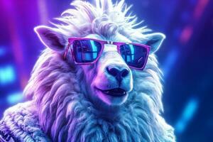 Portrait of a white goat wearing sunglasses on a neon lights purple background. Ai Generated photo