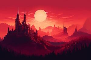 Fantasy red landscape with castle on the background of the moon and mountains photo