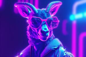 Portrait of a white goat wearing sunglasses on a neon lights purple background. Ai Generated photo