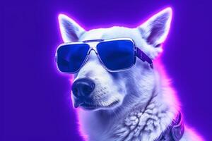 retrato de un blanco perro con azul Gafas de sol en un púrpura antecedentes ai generado foto