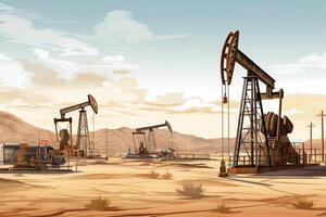 Oil pumps at sunset. Oil industry. 3d render illustration. Ai Generated photo