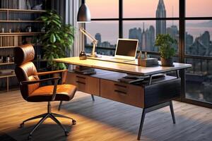 Modern office interior with furniture and city view. 3D Rendering photo