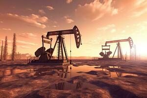 Oil pumps at sunset. Oil industry. 3d render illustration. Ai Generated photo