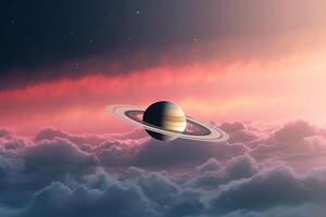 Saturn in the clouds. Science fiction background. 3D rendering Ai Generated photo