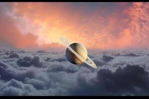 Saturn in the clouds. Science fiction background. 3D rendering Ai Generated photo