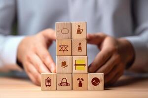 Wooden blocks with different icons on table, closeup. Choice concept photo